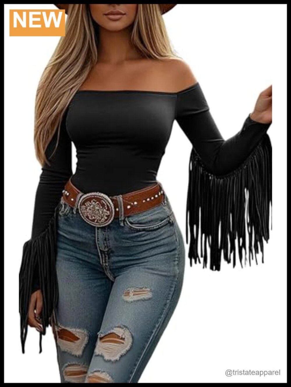 Off Shoulder Fringe Crop Top Western Cowgirl Long Sleeve Tassel Blouse Y2K